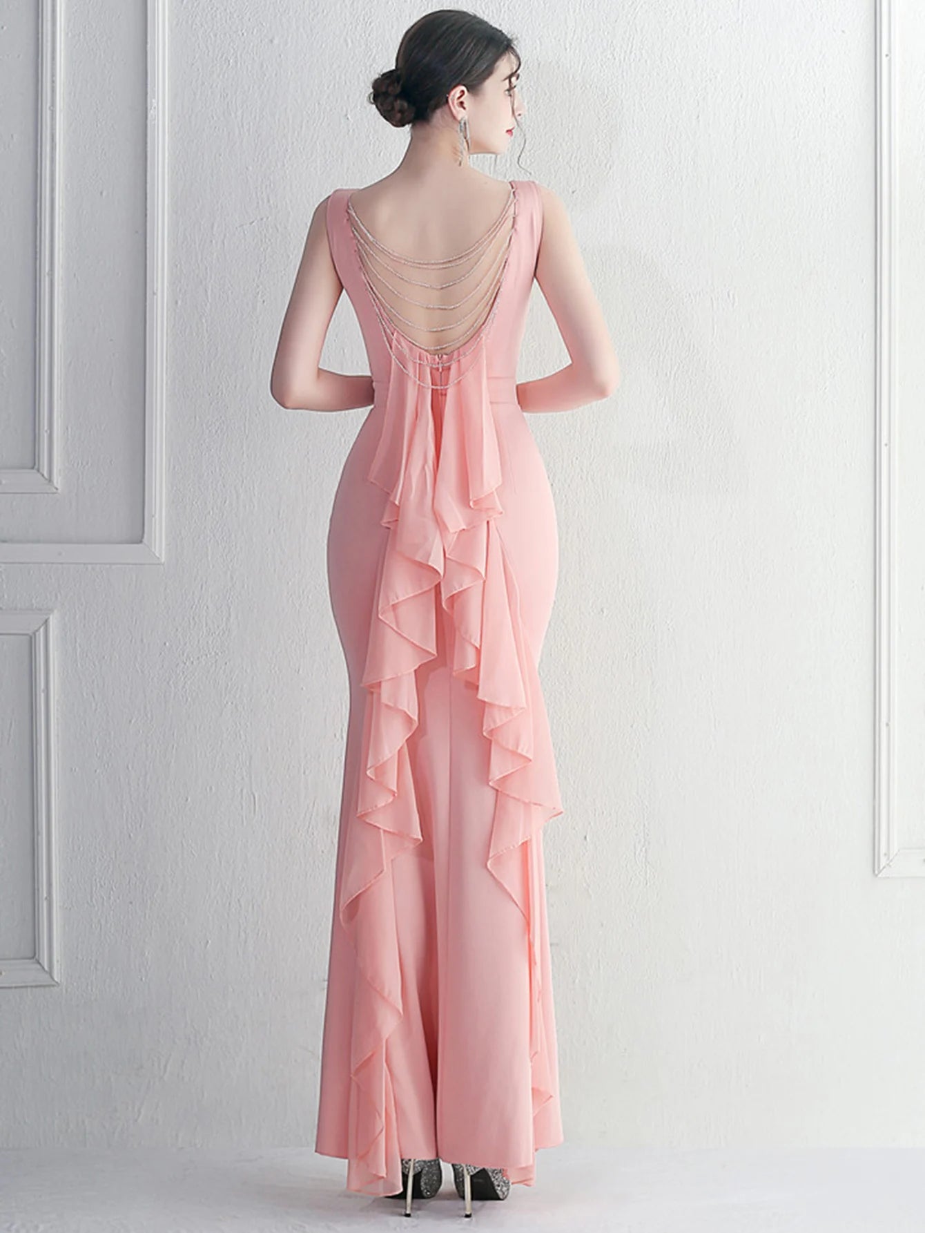 Elegant Chiffon Backless Rhinestone Wedding Prom Long Maxi Dress