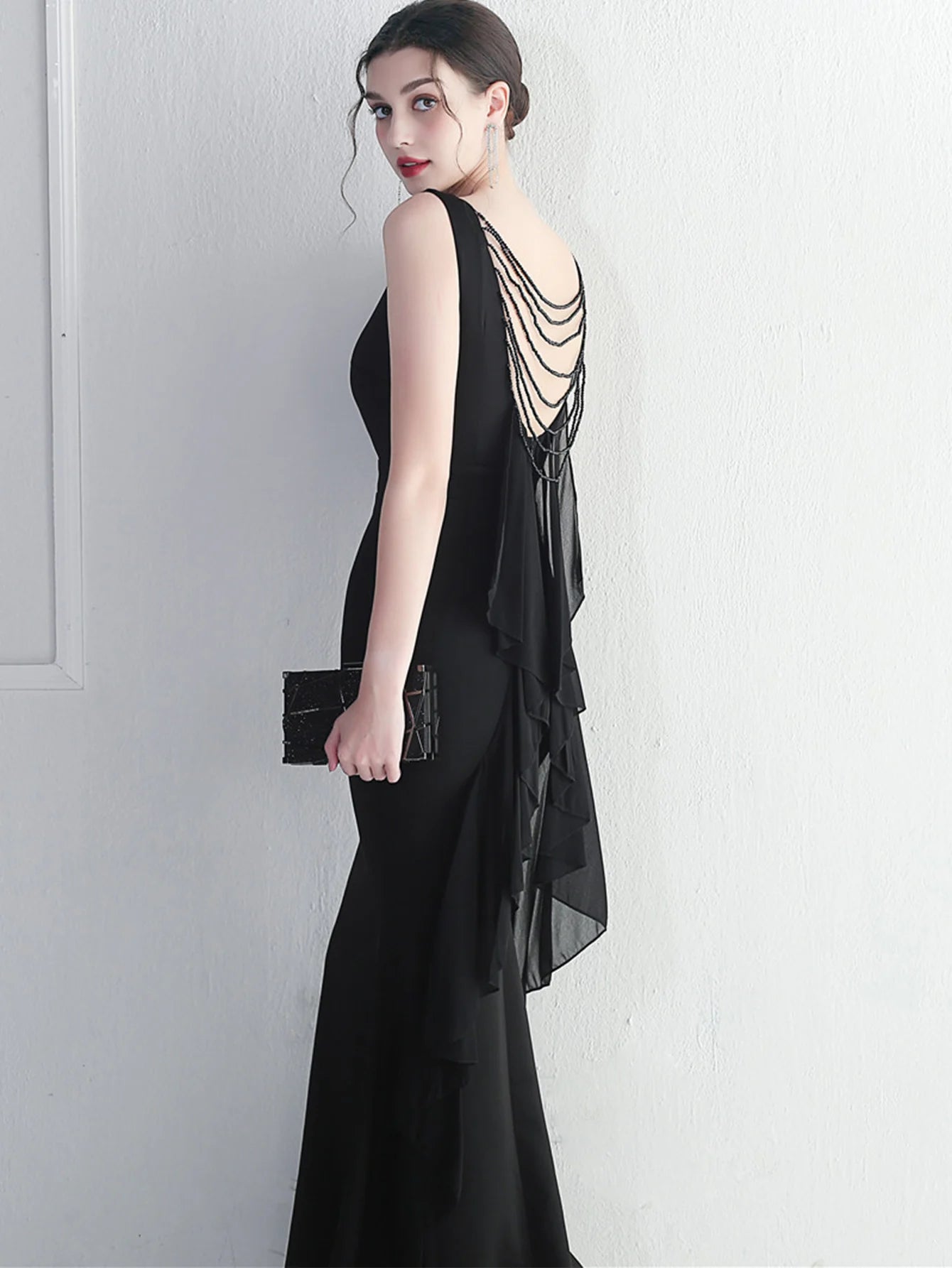 Elegant Chiffon Backless Rhinestone Wedding Prom Long Maxi Dress