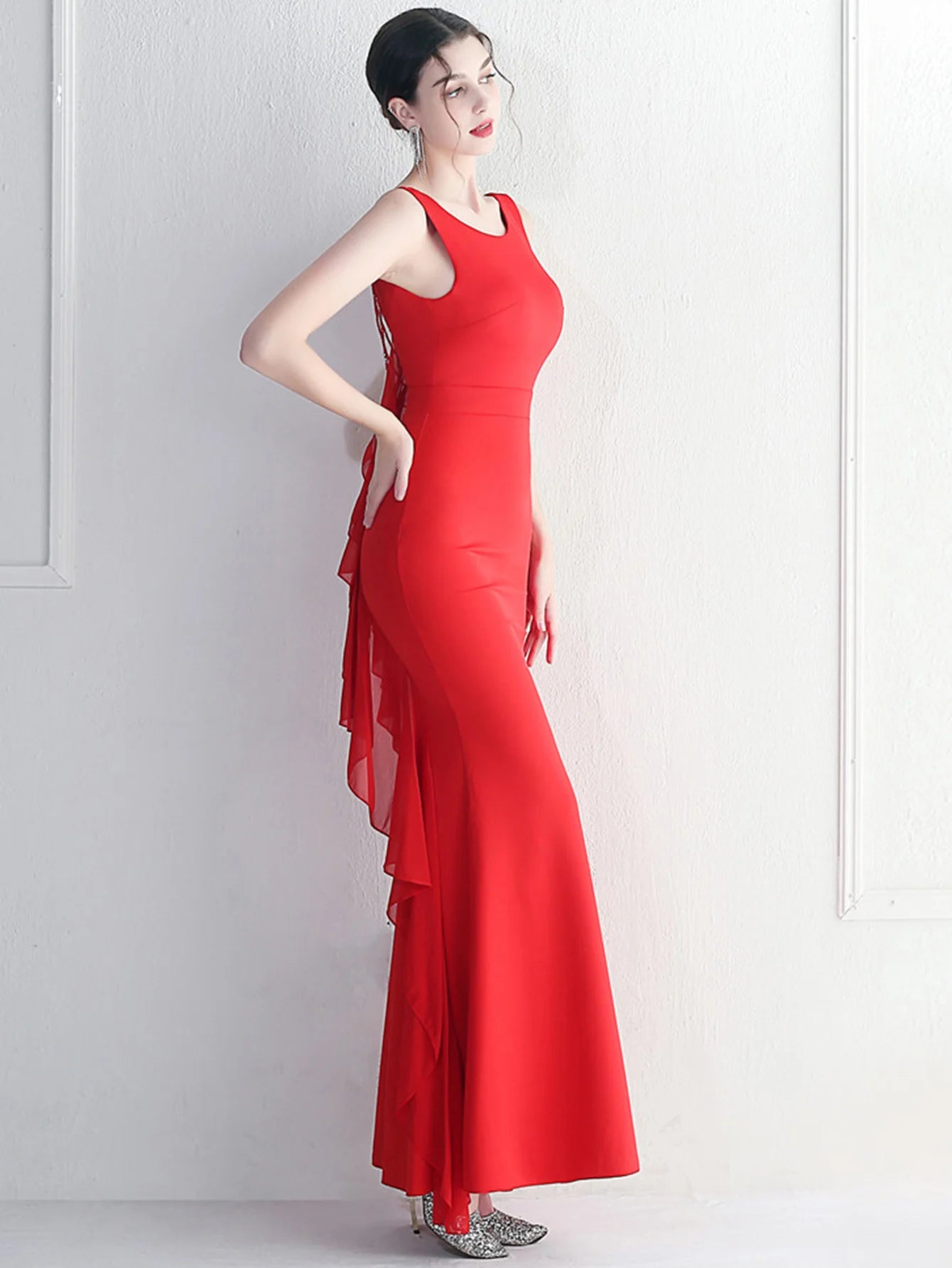Elegant Chiffon Backless Rhinestone Wedding Prom Long Maxi Dress
