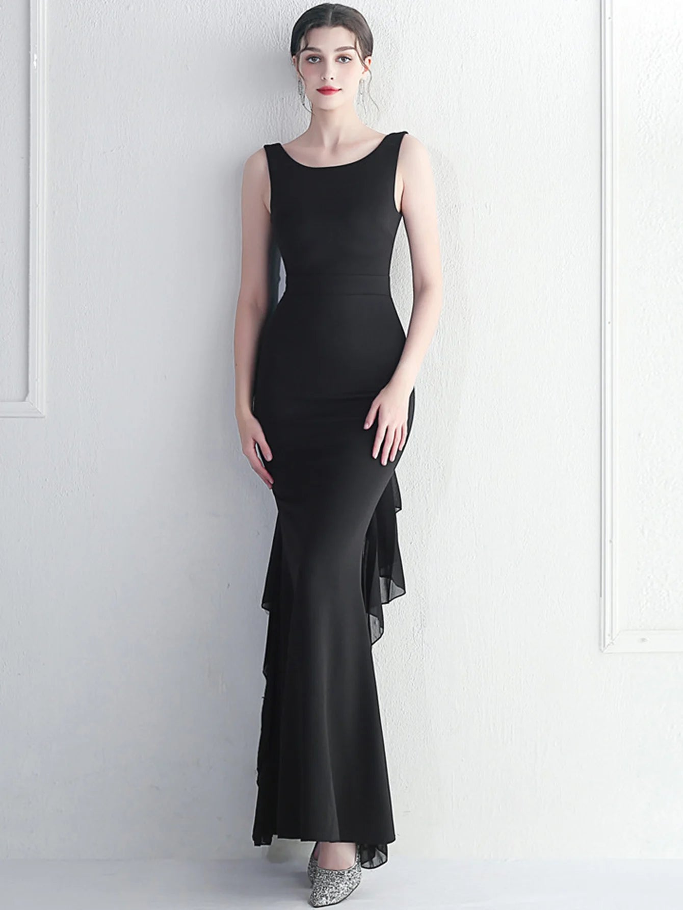 Elegant Chiffon Backless Rhinestone Wedding Prom Long Maxi Dress