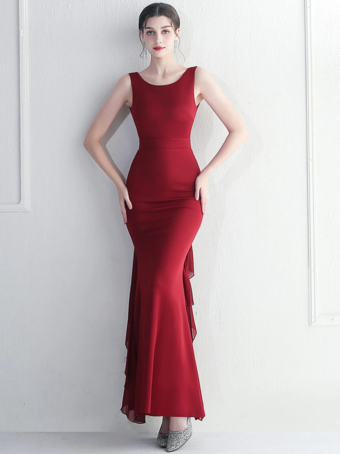 Elegant Chiffon Backless Rhinestone Wedding Prom Long Maxi Dress