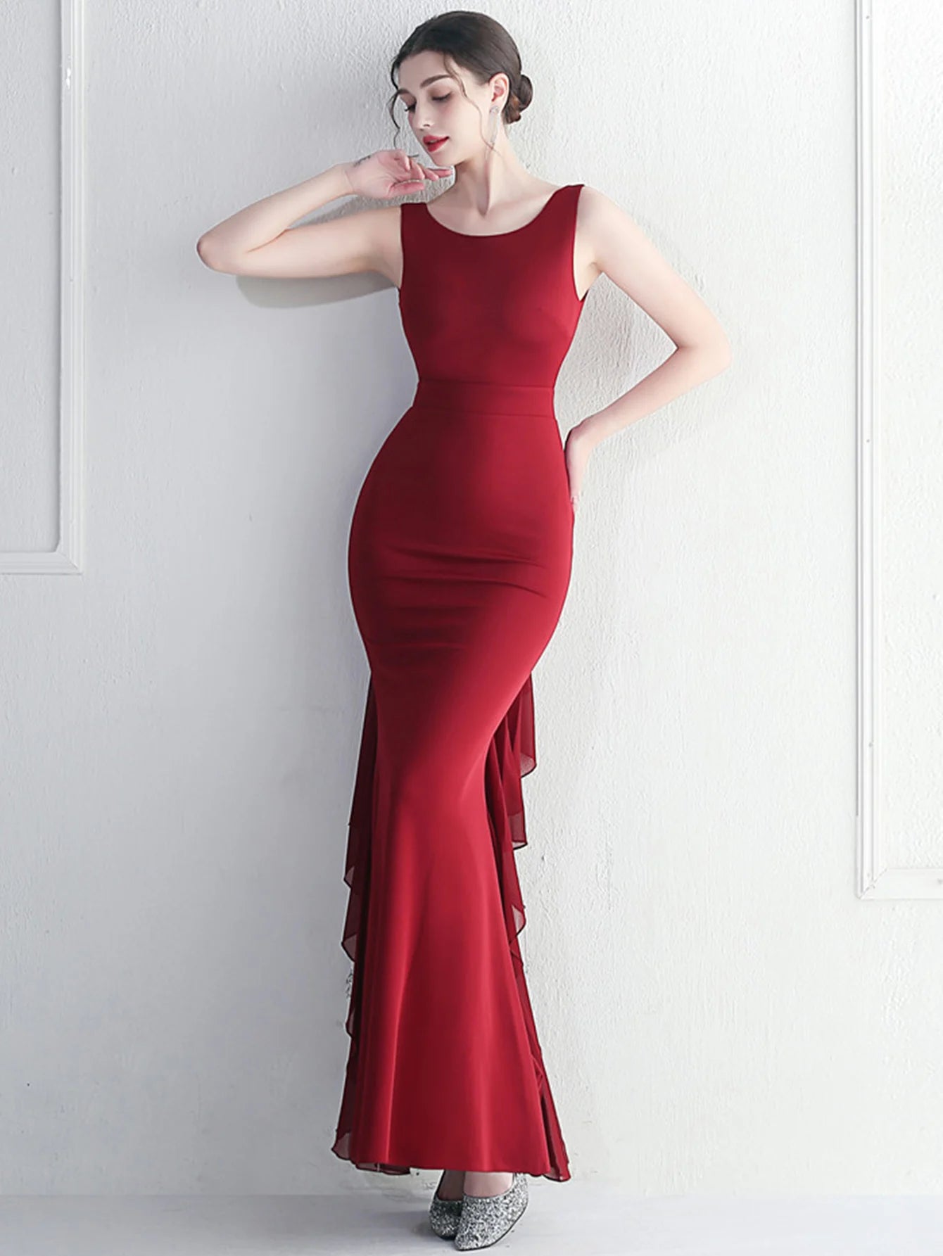 Elegant Chiffon Backless Rhinestone Wedding Prom Long Maxi Dress