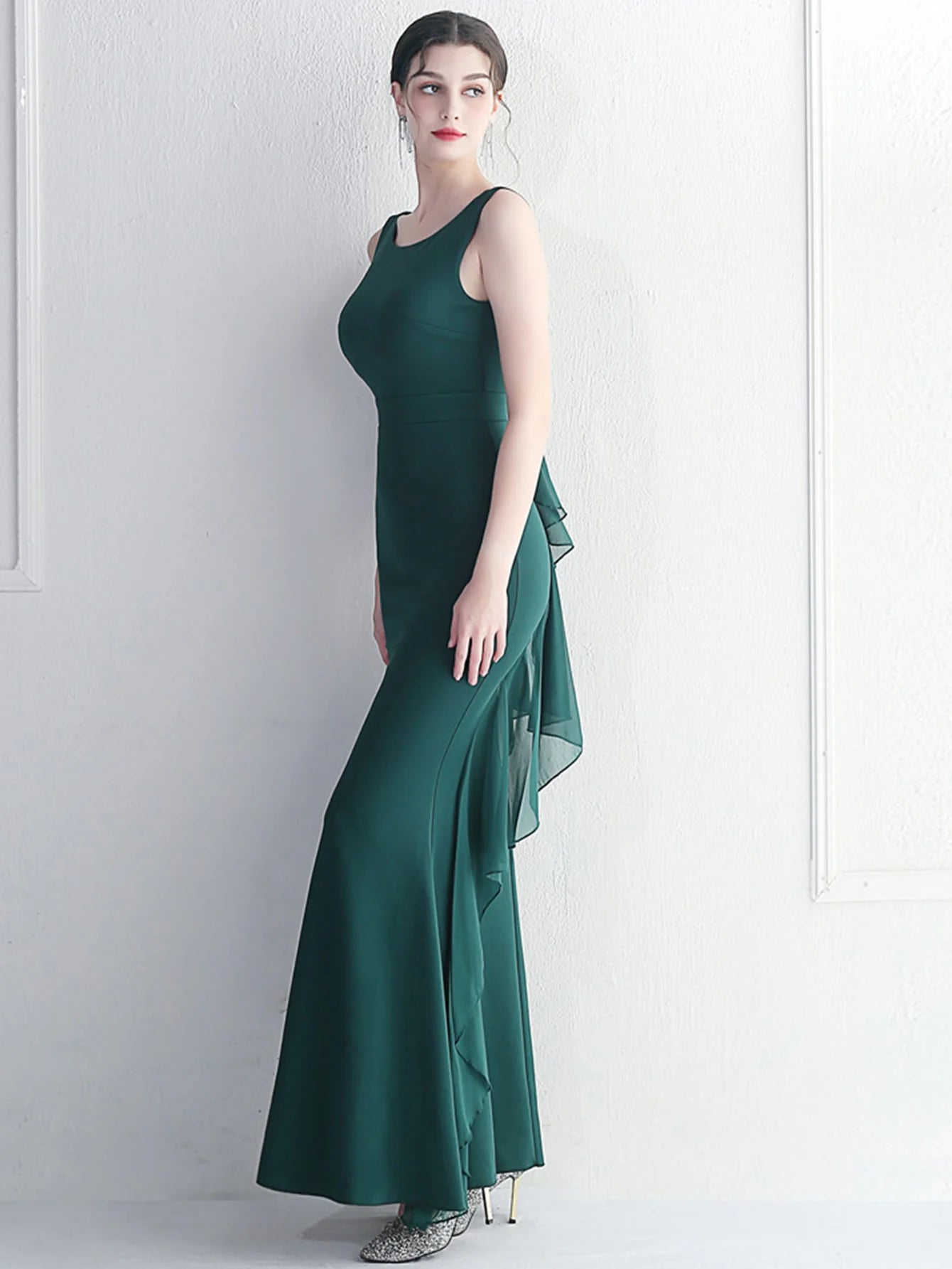 Elegant Chiffon Backless Rhinestone Wedding Prom Long Maxi Dress