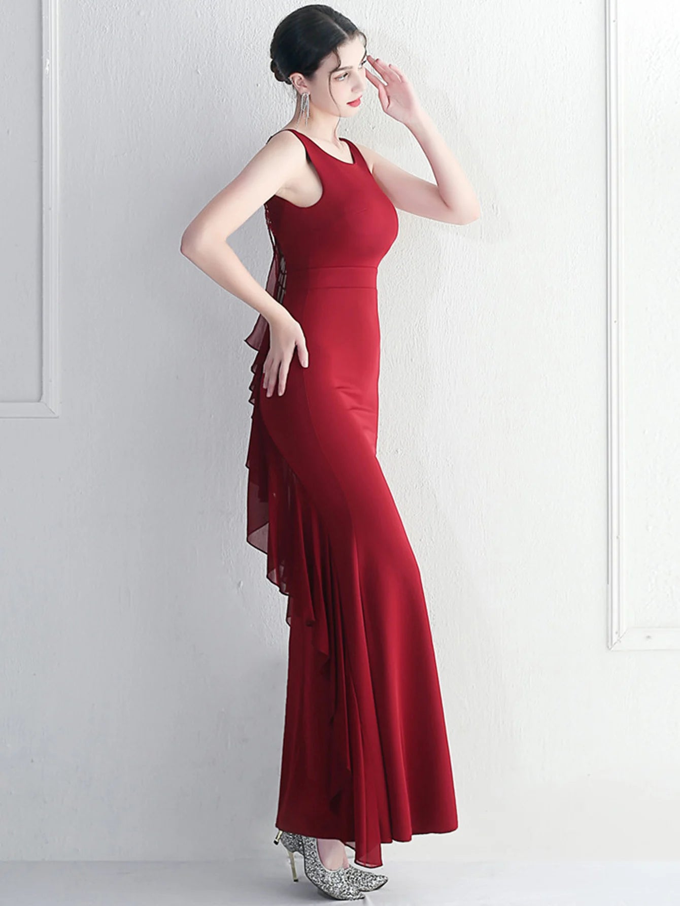Elegant Chiffon Backless Rhinestone Wedding Prom Long Maxi Dress