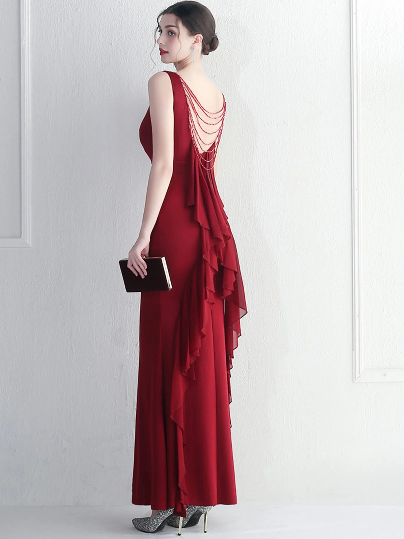 Elegant Chiffon Backless Rhinestone Wedding Prom Long Maxi Dress
