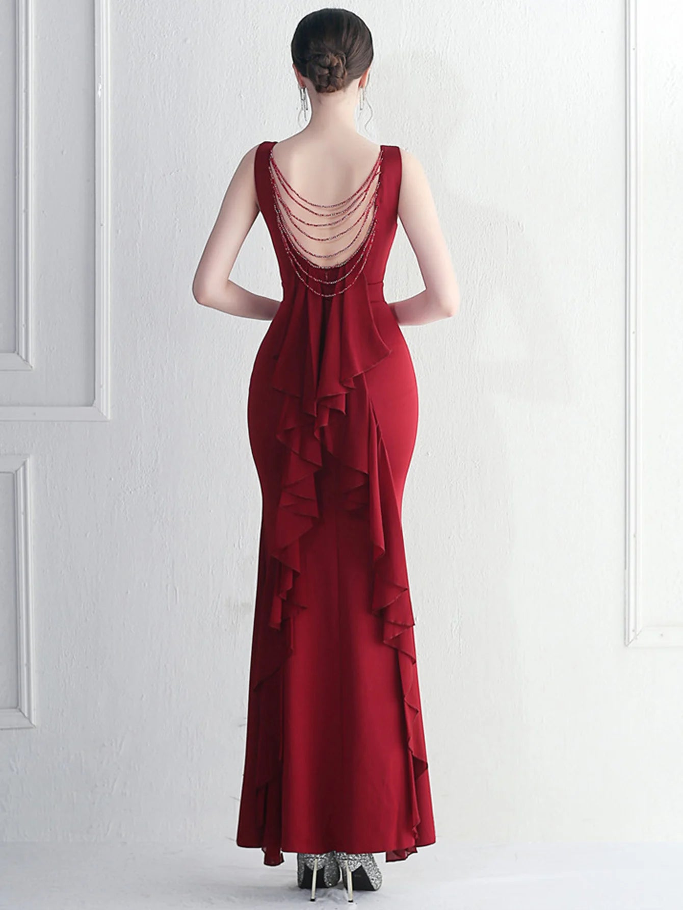 Elegant Chiffon Backless Rhinestone Wedding Prom Long Maxi Dress