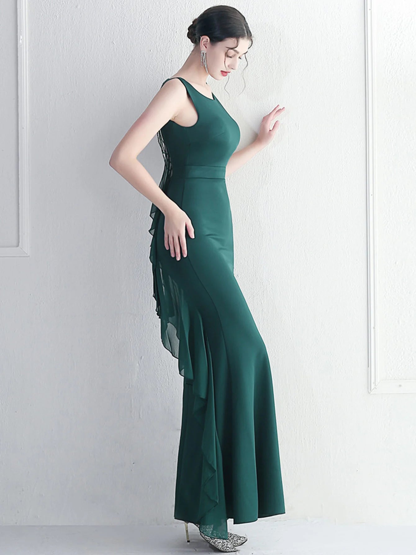 Elegant Chiffon Backless Rhinestone Wedding Prom Long Maxi Dress