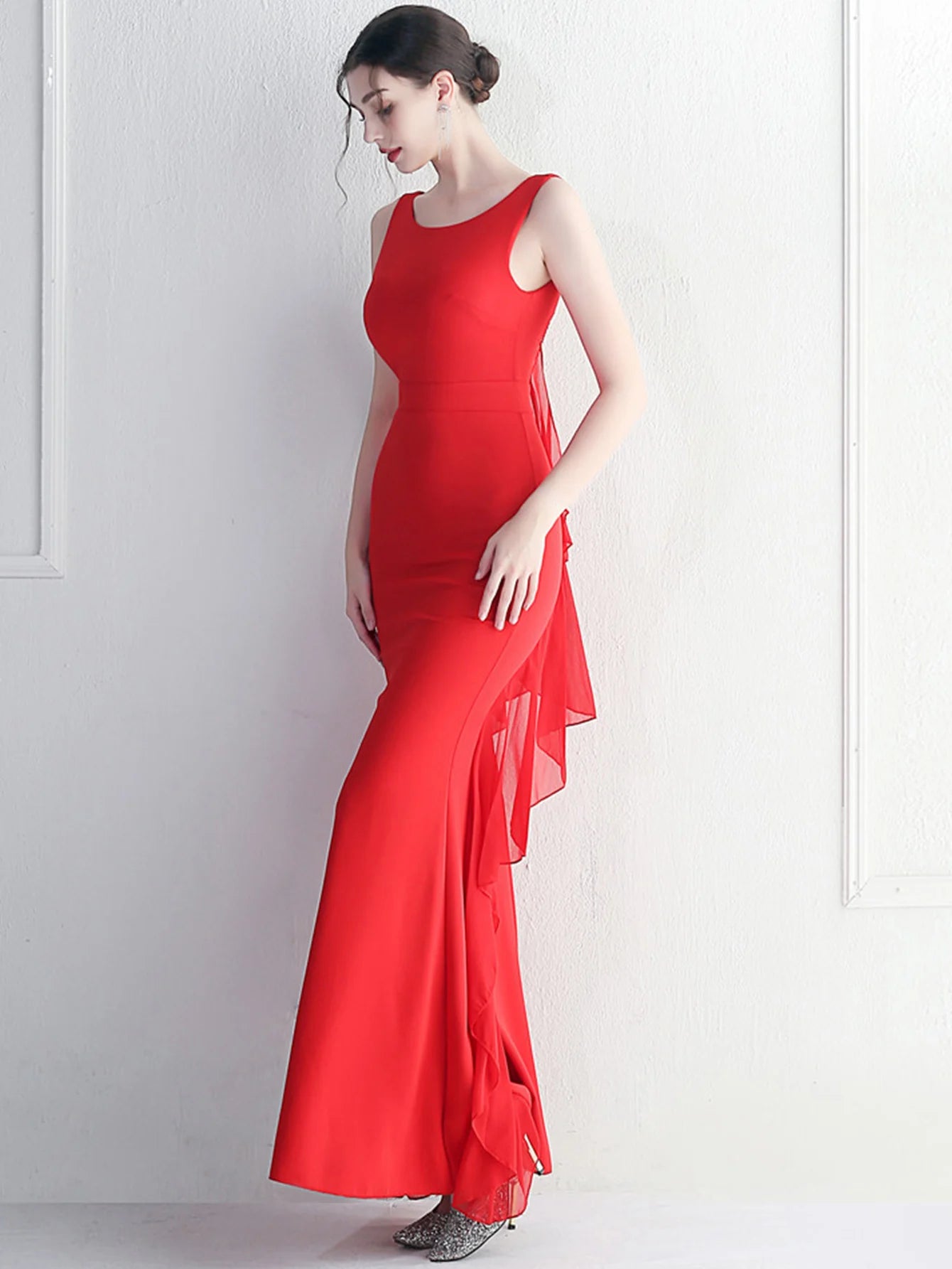 Elegant Chiffon Backless Rhinestone Wedding Prom Long Maxi Dress