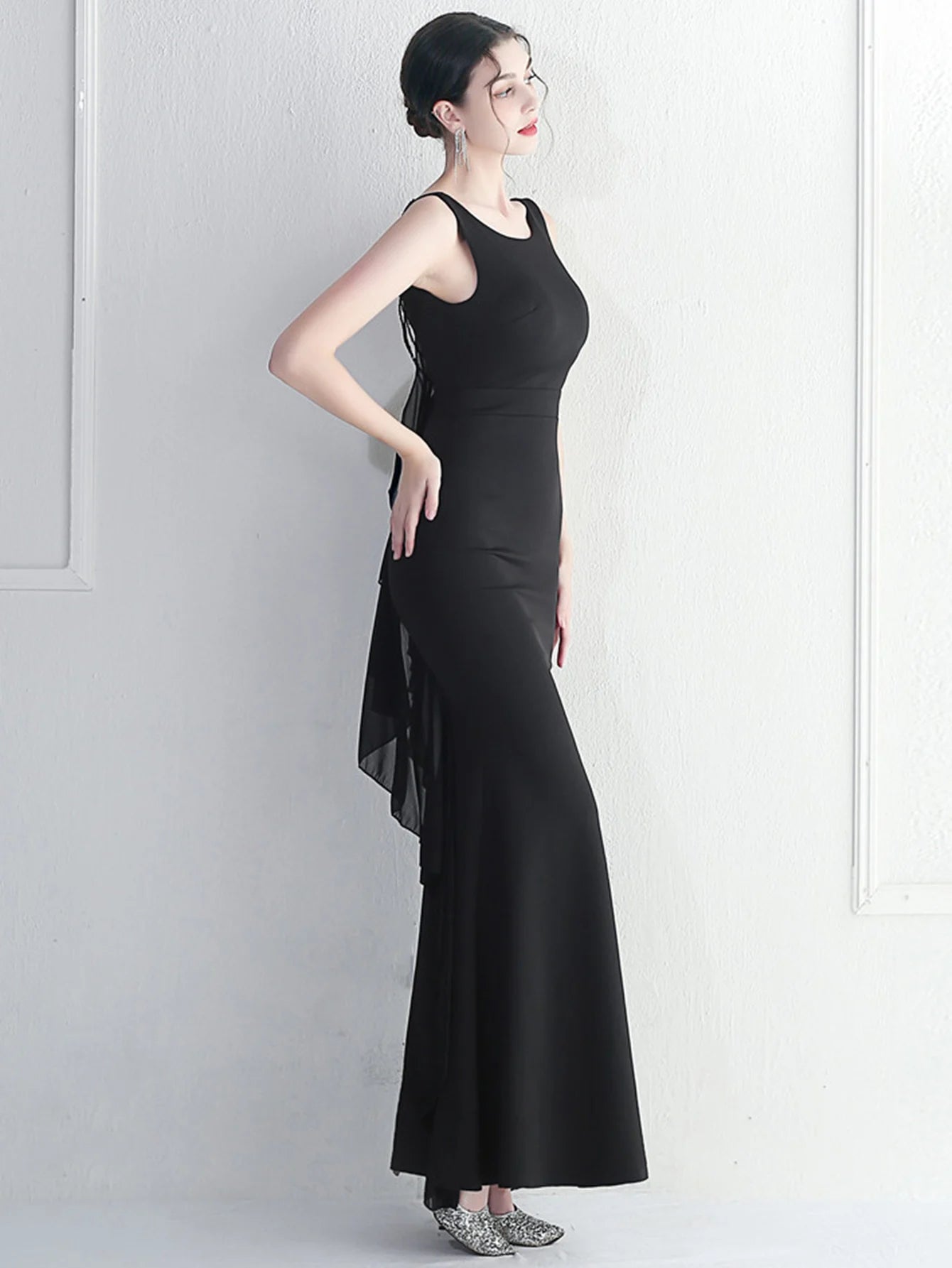 Elegant Chiffon Backless Rhinestone Wedding Prom Long Maxi Dress