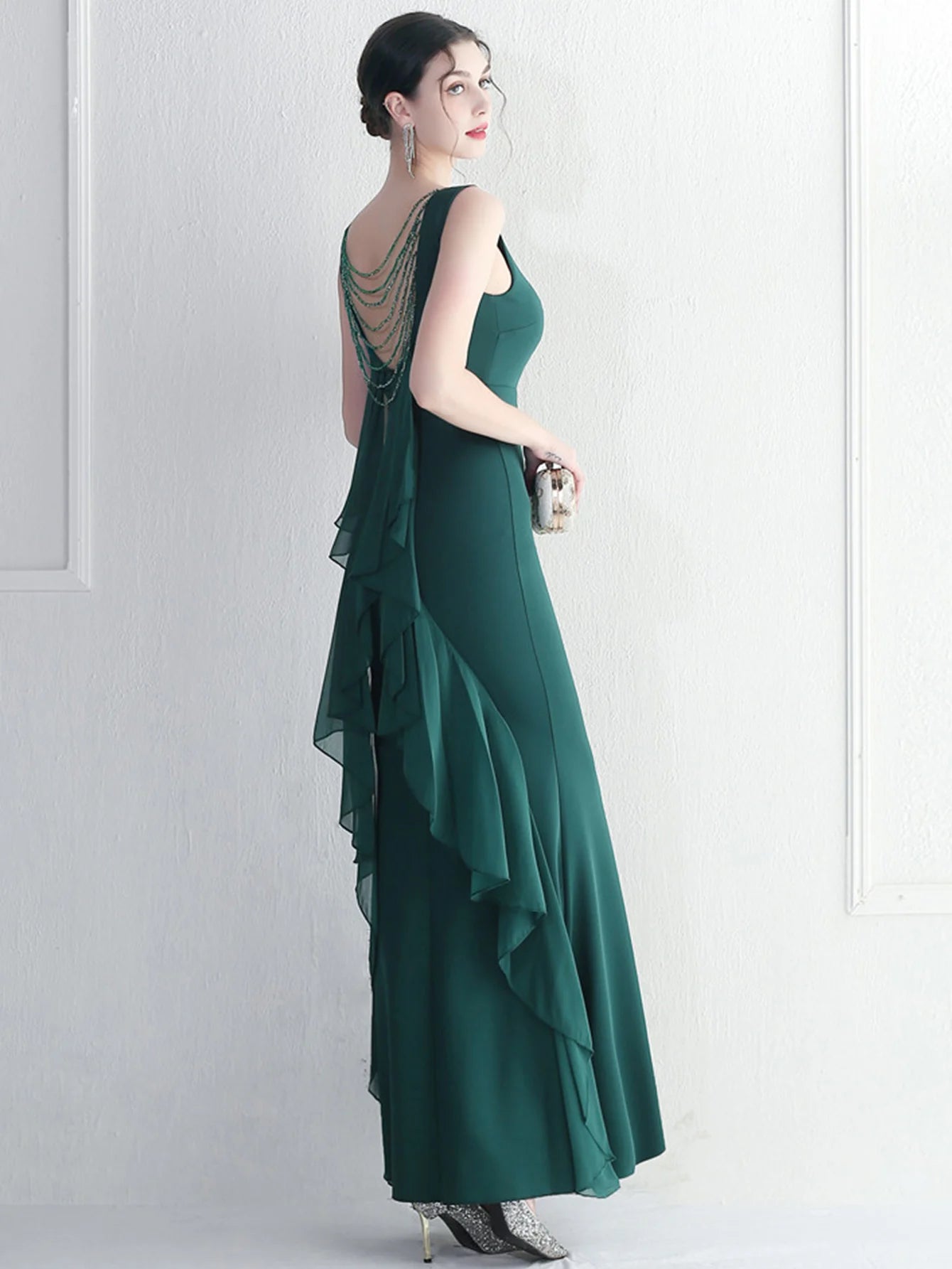 Elegant Chiffon Backless Rhinestone Wedding Prom Long Maxi Dress