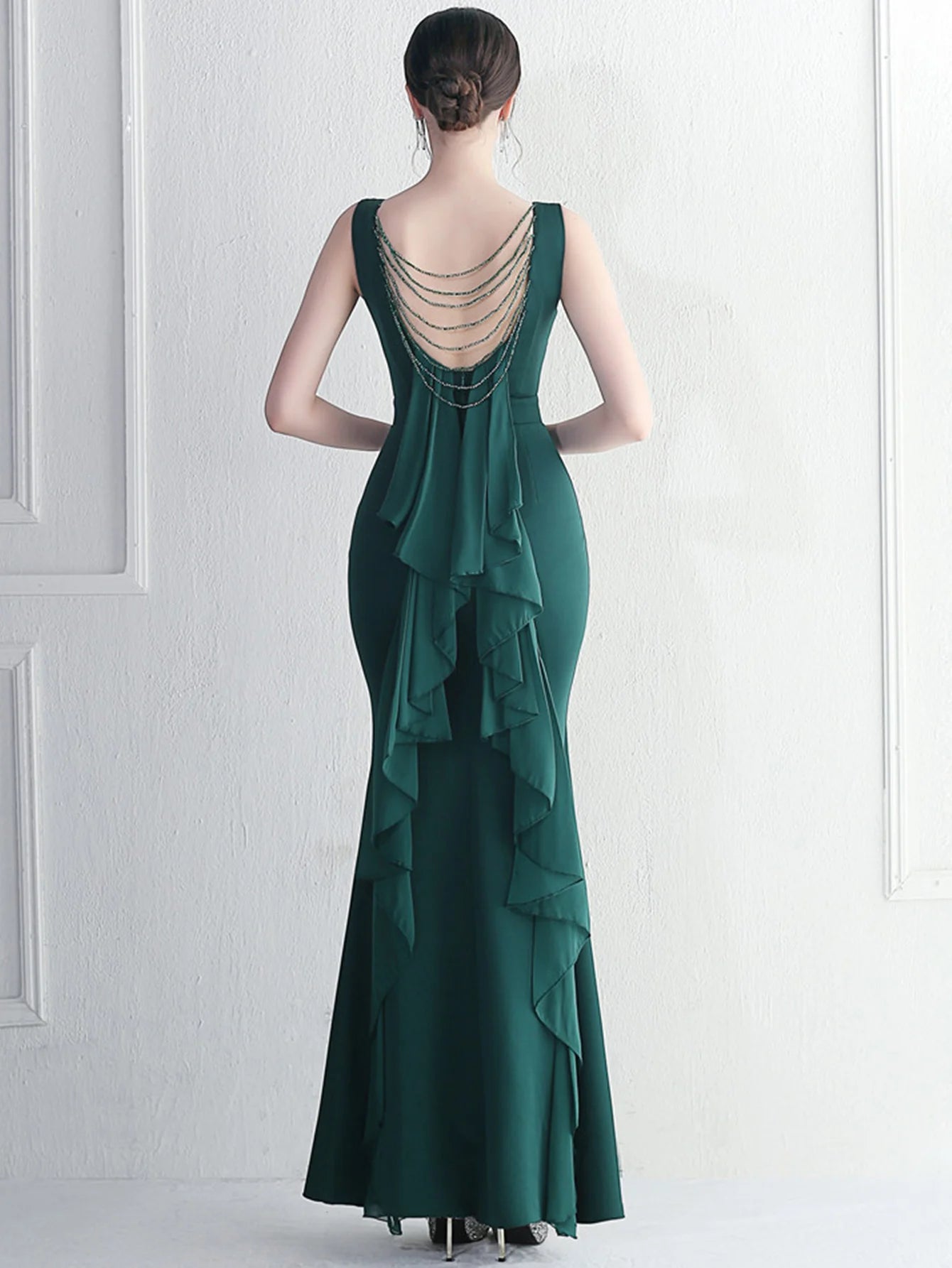 Elegant Chiffon Backless Rhinestone Wedding Prom Long Maxi Dress