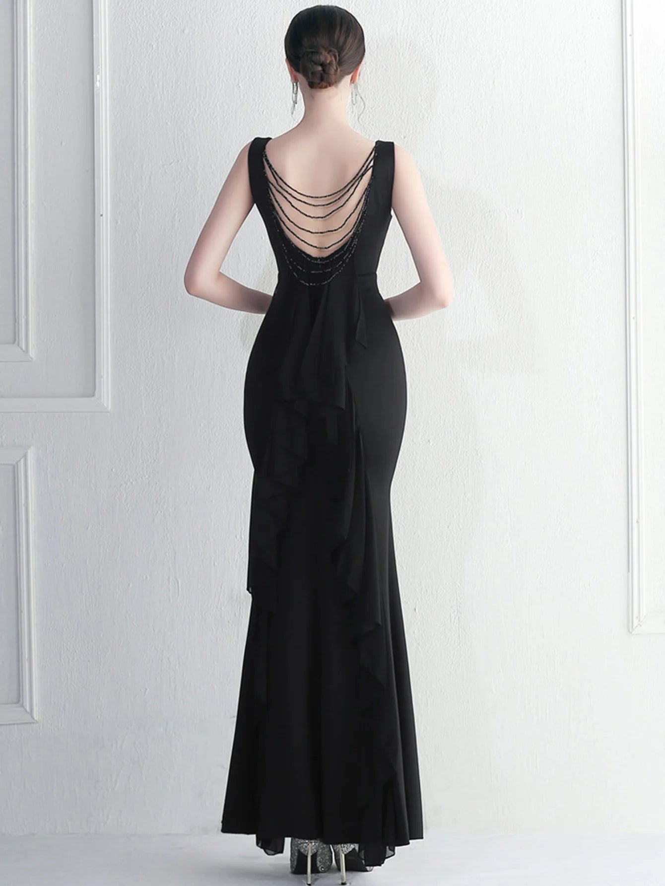 Elegant Chiffon Backless Rhinestone Wedding Prom Long Maxi Dress