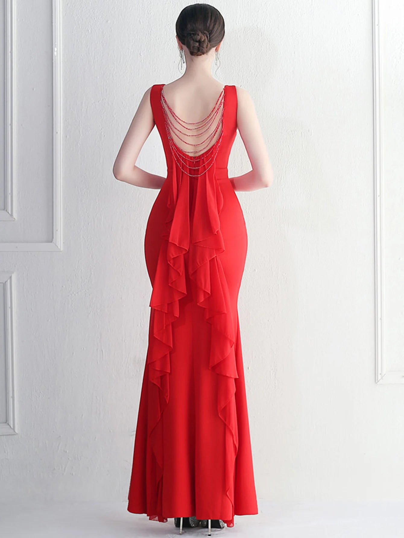 Elegant Chiffon Backless Rhinestone Wedding Prom Long Maxi Dress
