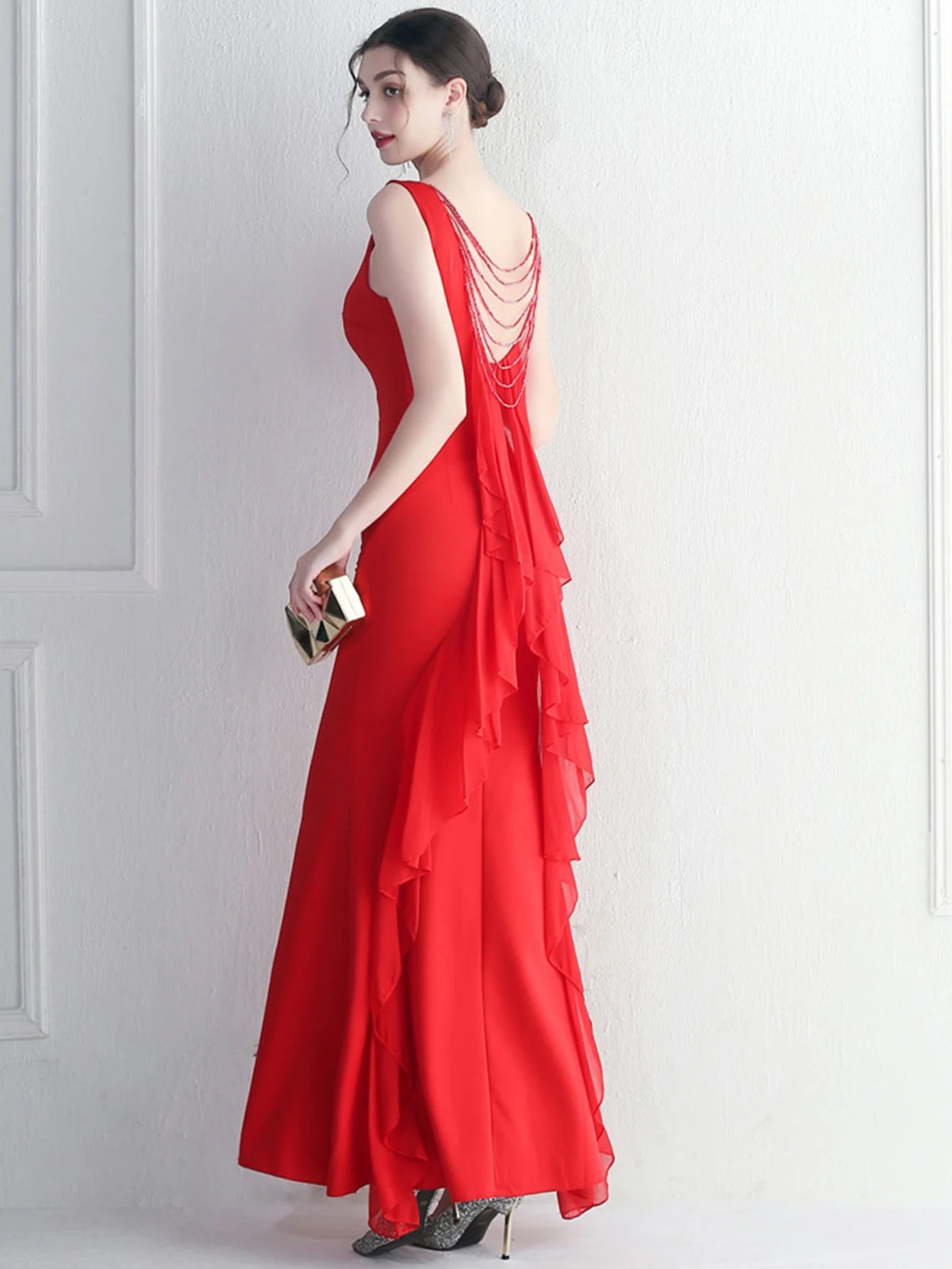 Elegant Chiffon Backless Rhinestone Wedding Prom Long Maxi Dress