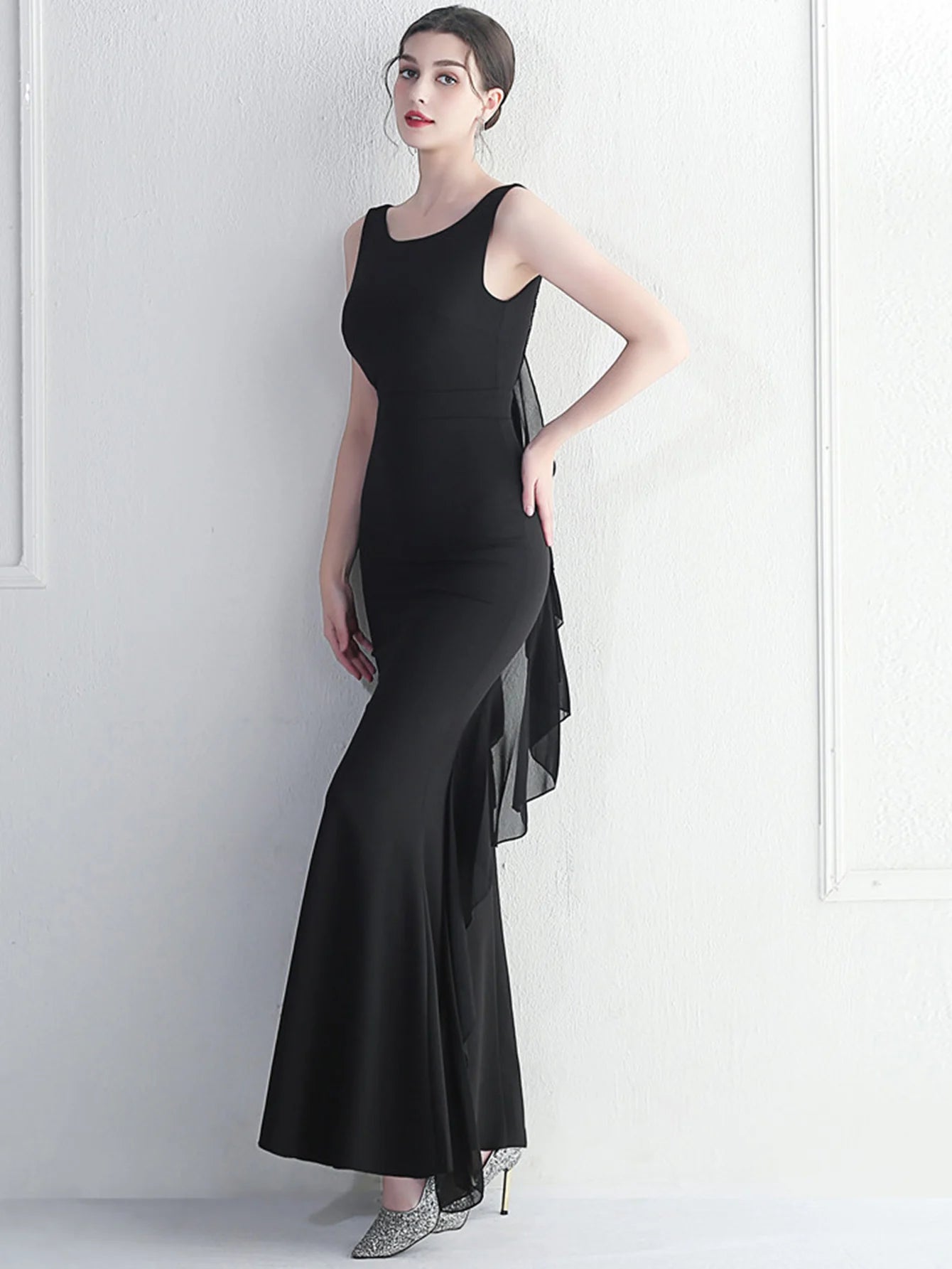 Elegant Chiffon Backless Rhinestone Wedding Prom Long Maxi Dress