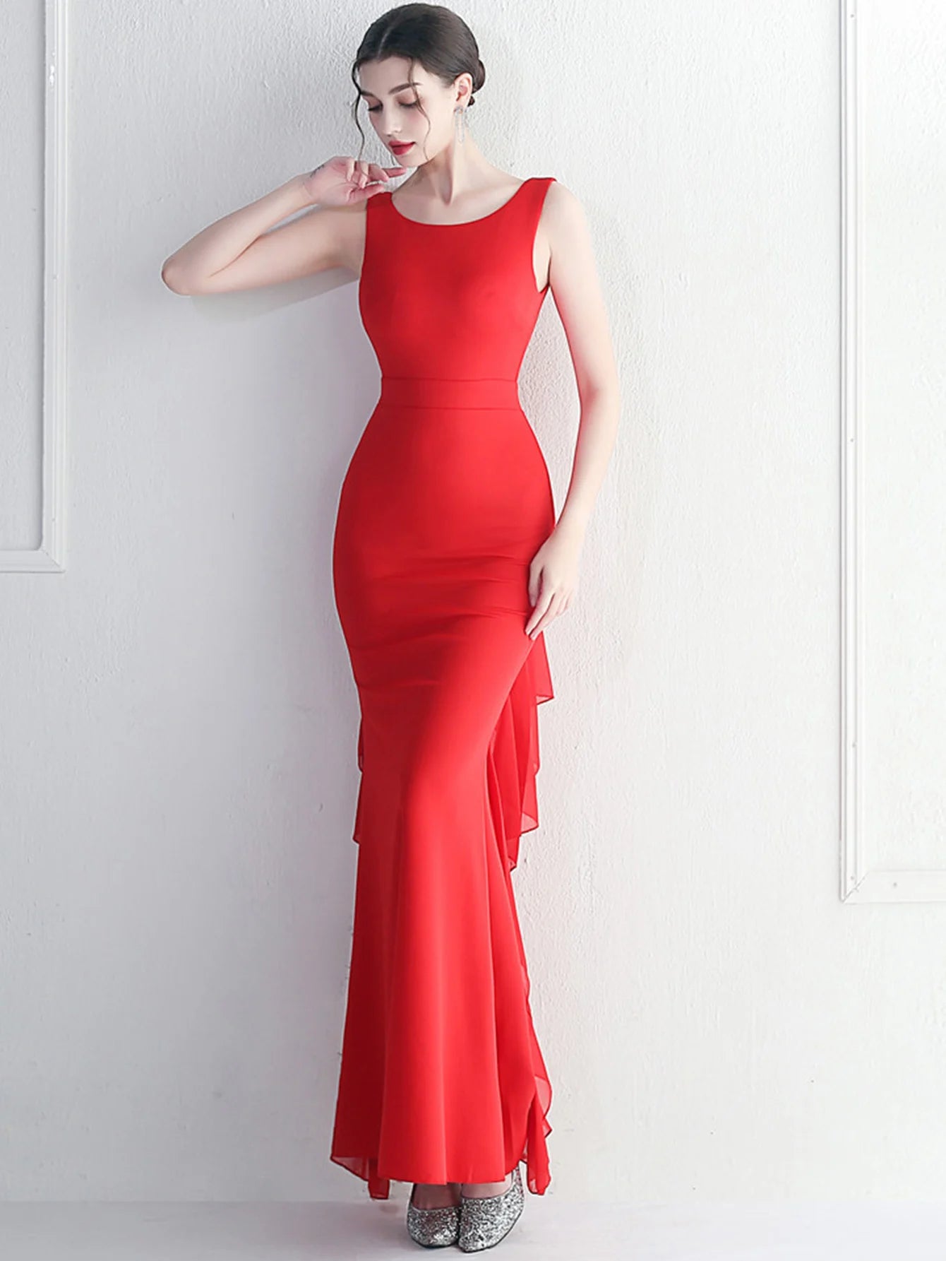 Elegant Chiffon Backless Rhinestone Wedding Prom Long Maxi Dress