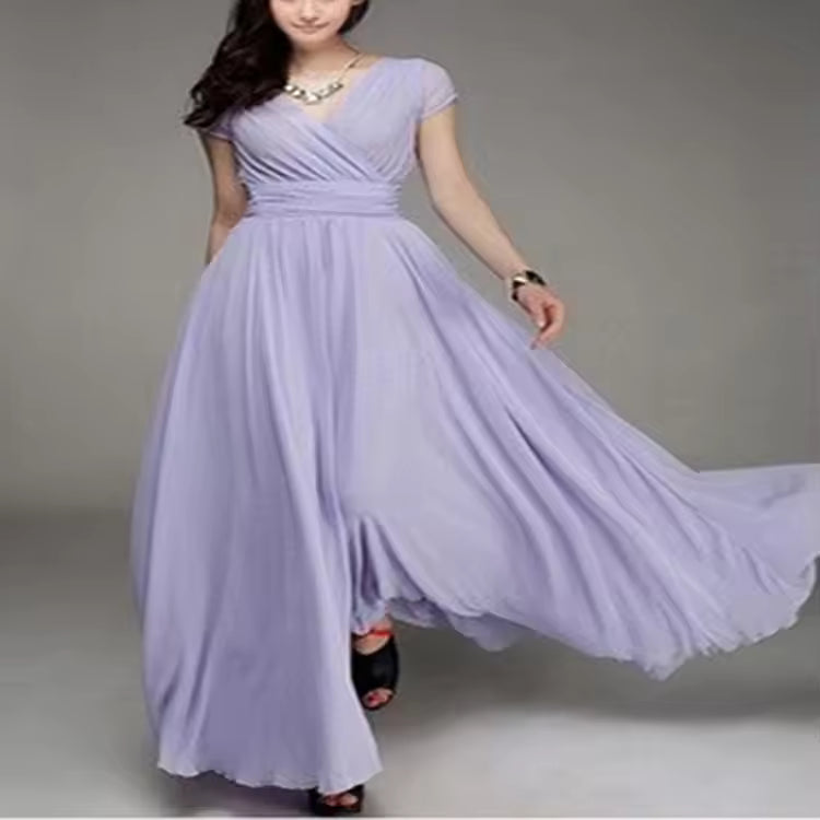 Elegant Chiffon Monochromatic Bohemian Long Short-Sleeved Dress