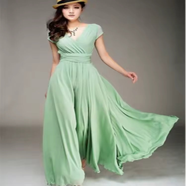 Elegant Chiffon Monochromatic Bohemian Long Short-Sleeved Dress