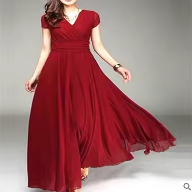 Elegant Chiffon Monochromatic Bohemian Long Short-Sleeved Dress