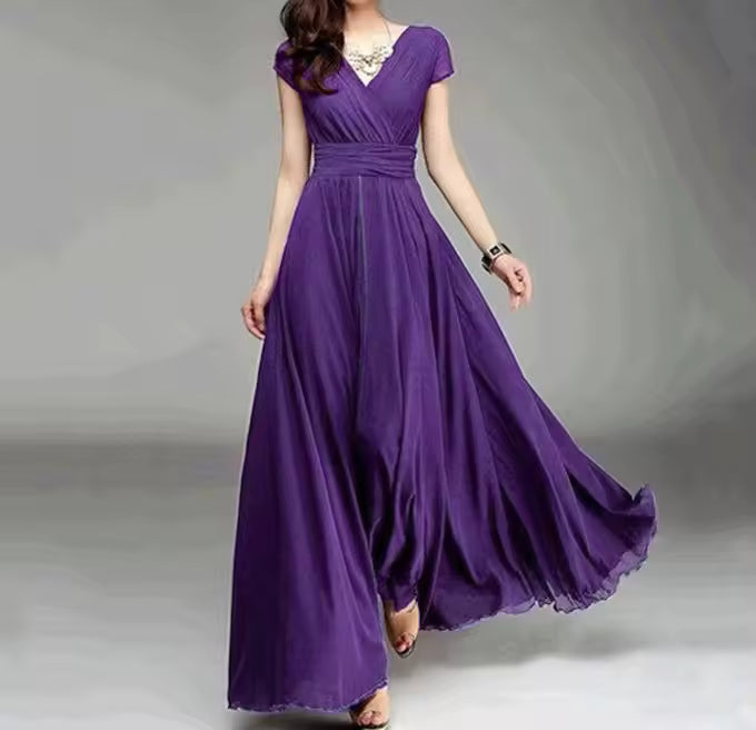 Elegant Chiffon Monochromatic Bohemian Long Short-Sleeved Dress