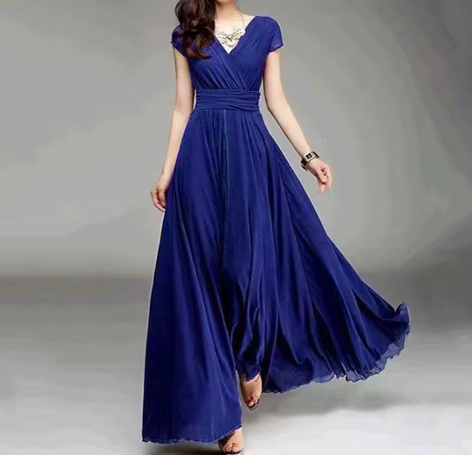 Elegant Chiffon Monochromatic Bohemian Long Short-Sleeved Dress