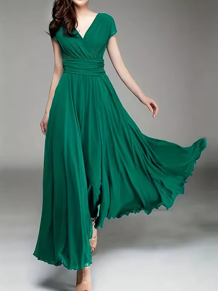 Elegant Chiffon Monochromatic Bohemian Long Short-Sleeved Dress