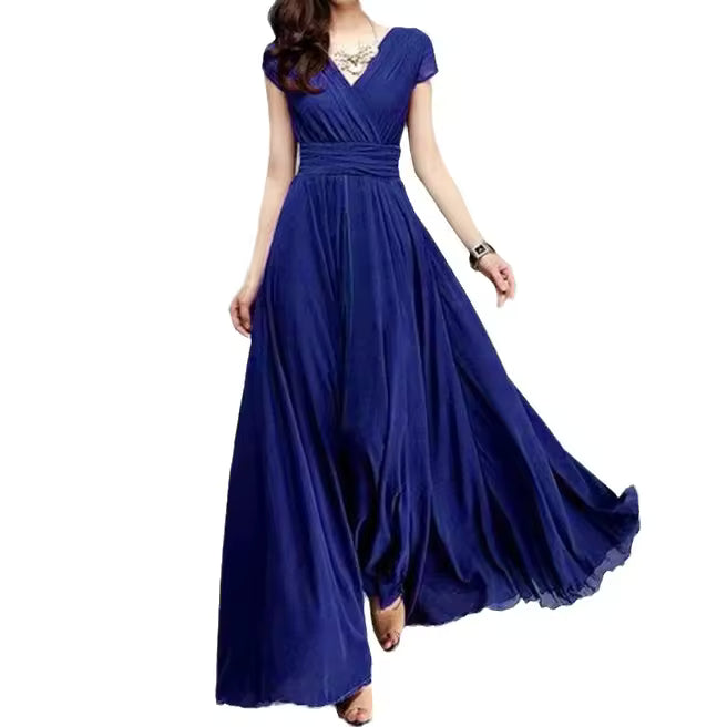 Elegant Chiffon Monochromatic Bohemian Long Short-Sleeved Dress