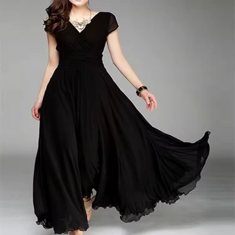 Elegant Chiffon Monochromatic Bohemian Long Short-Sleeved Dress