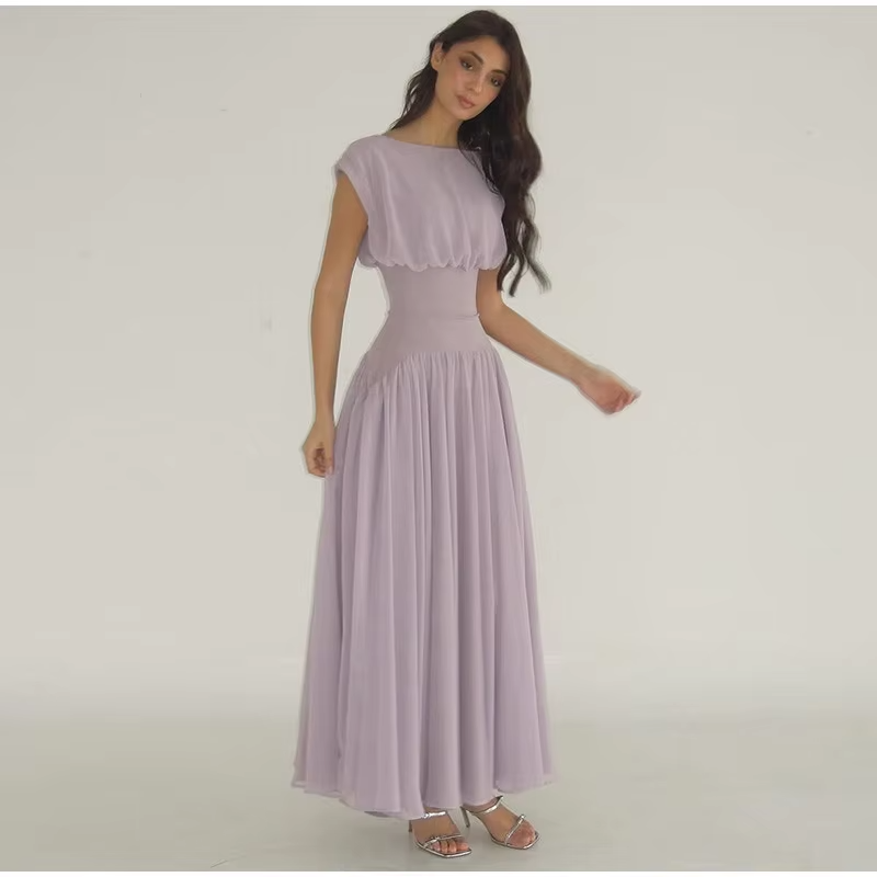 Elegant Chiffon O Neck Cap Sleeves Long Party A-Line Dresses Gowns