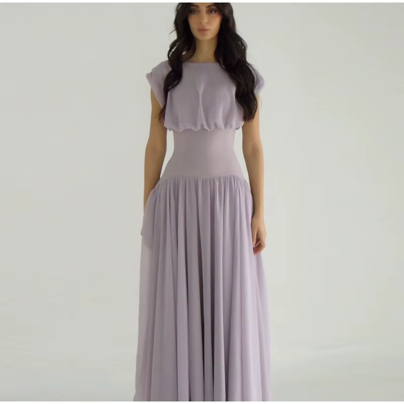 Elegant Chiffon O Neck Cap Sleeves Long Party A-Line Dresses Gowns