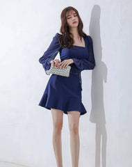 Elegant Chiffon Square Neck Full-sleeve Mermaid Bodycon Mini Dress