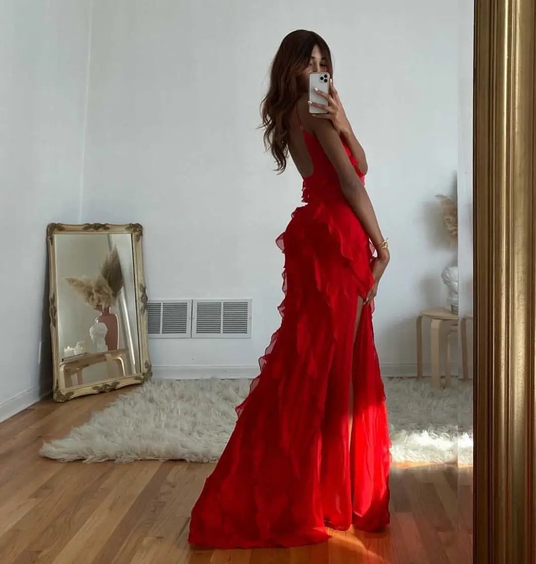 Elegant Chiffon Vacation Style Sling Dress with Ruffle Edge Style Long Dress