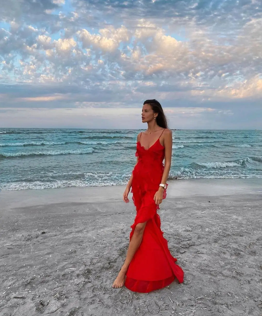 Elegant Chiffon Vacation Style Sling Dress with Ruffle Edge Style Long Dress