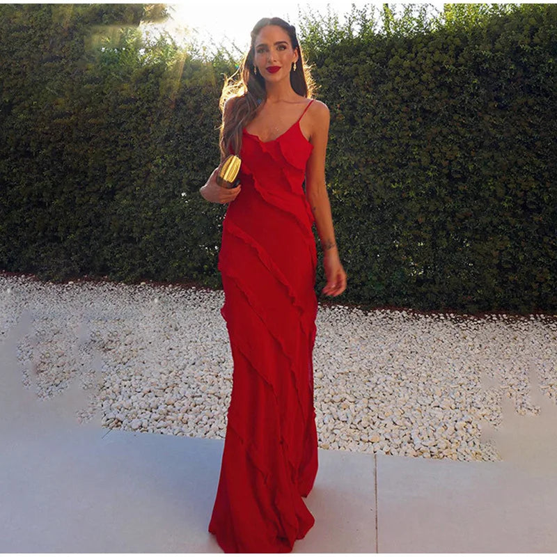 Elegant Chiffon Vacation Style Sling Dress with Ruffle Edge Style Long Dress
