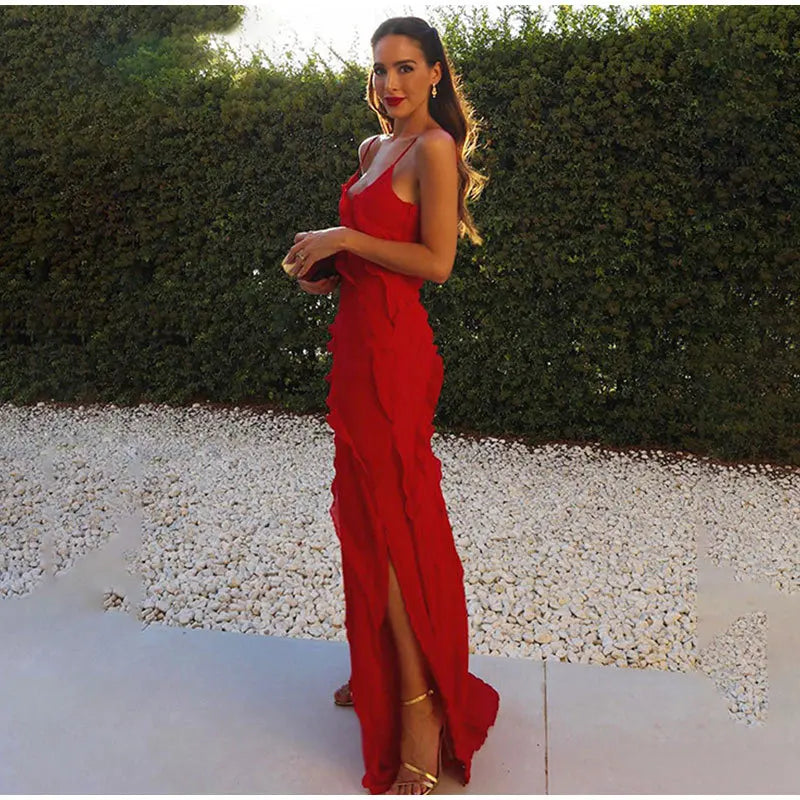Elegant Chiffon Vacation Style Sling Dress with Ruffle Edge Style Long Dress