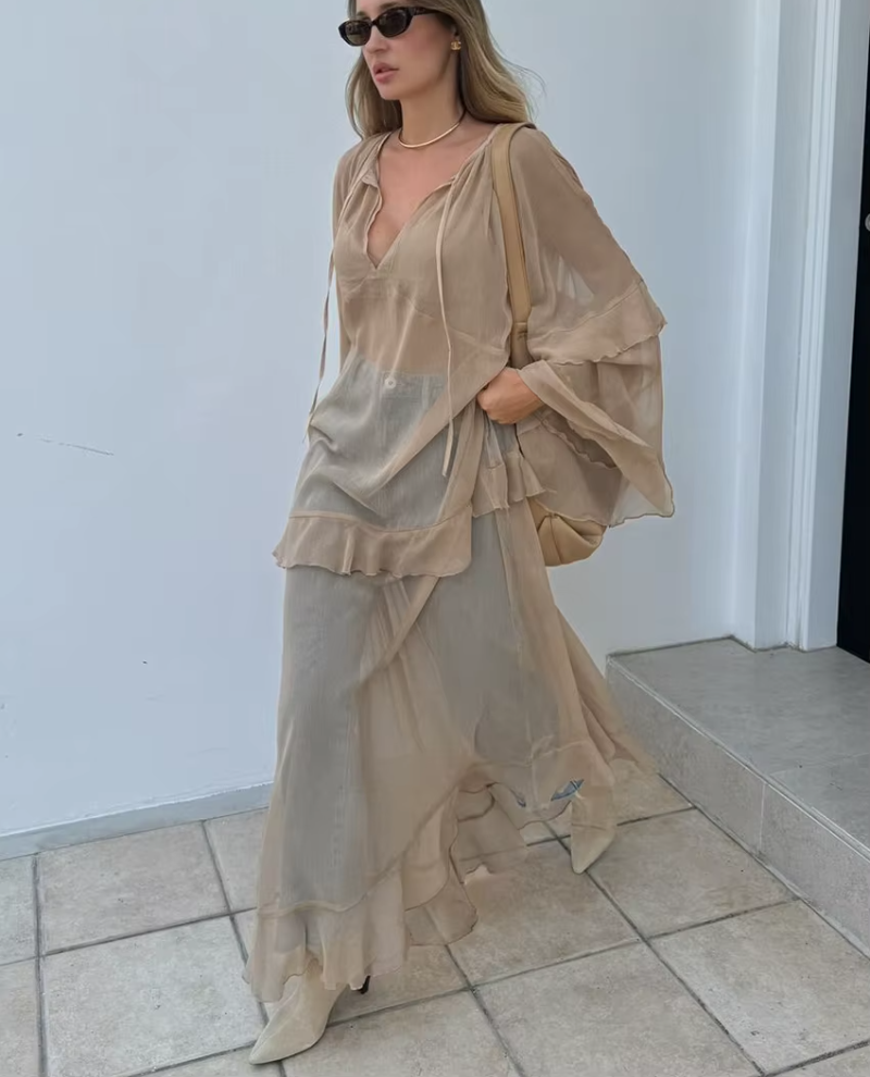Elegant Classic Ruffle Loose V-Neck Long Sleeve Ankle Length Dresses