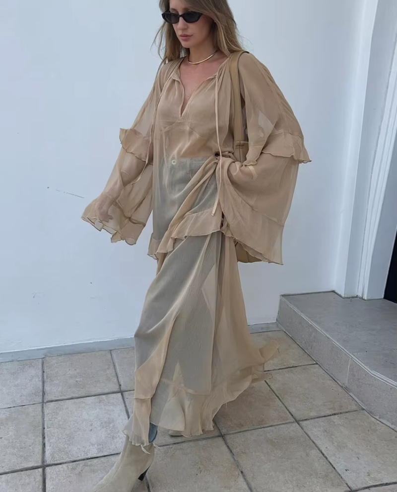 Elegant Classic Ruffle Loose V-Neck Long Sleeve Ankle Length Dresses