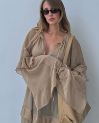 Elegant Classic Ruffle Loose V-Neck Long Sleeve Ankle Length Dresses