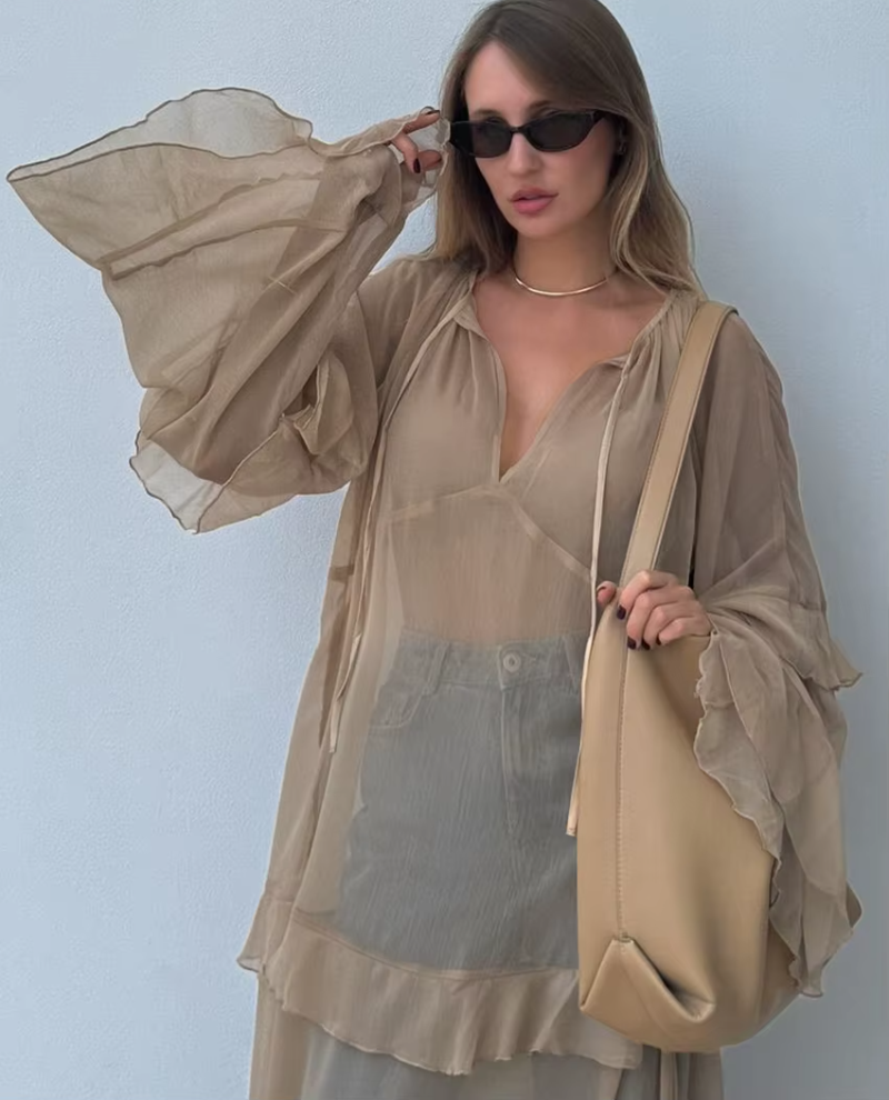 Elegant Classic Ruffle Loose V-Neck Long Sleeve Ankle Length Dresses