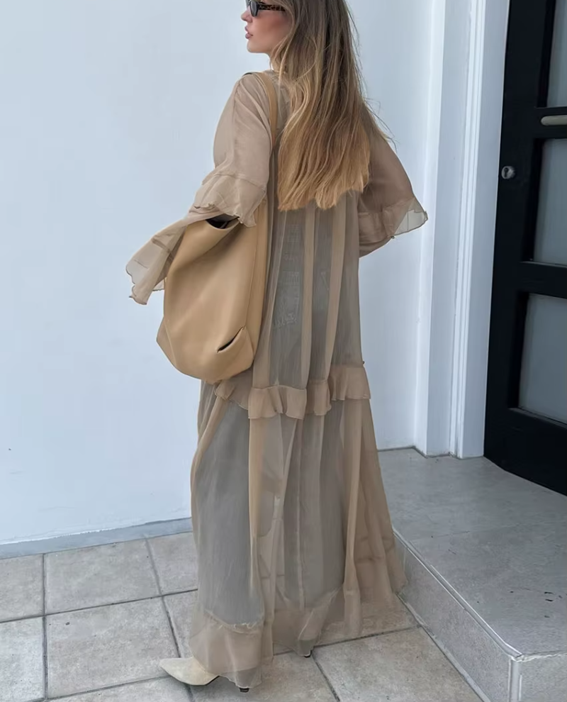 Elegant Classic Ruffle Loose V-Neck Long Sleeve Ankle Length Dresses