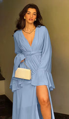 Elegant Classic V-Neck Loose Long Sleeve High Waist Pleated Maxi Dresses
