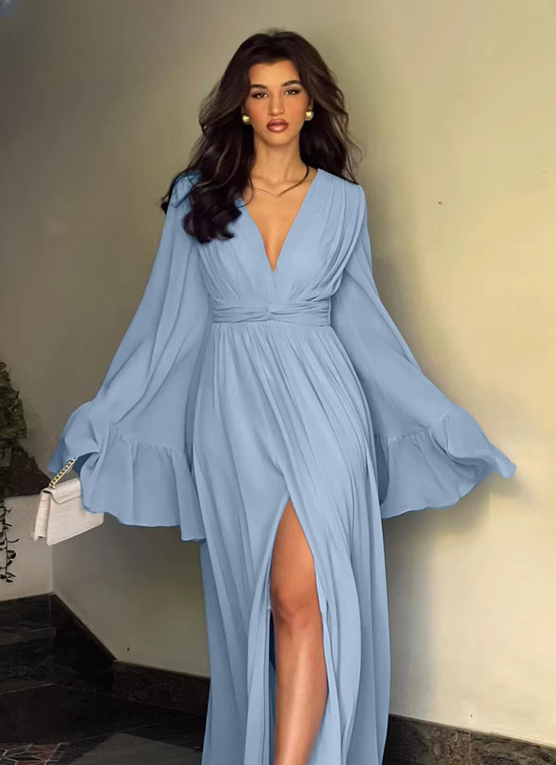 Elegant Classic V-Neck Loose Long Sleeve High Waist Pleated Maxi Dresses
