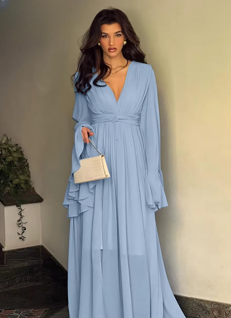 Elegant Classic V-Neck Loose Long Sleeve High Waist Pleated Maxi Dresses