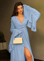 Elegant Classic V-Neck Loose Long Sleeve High Waist Pleated Maxi Dresses