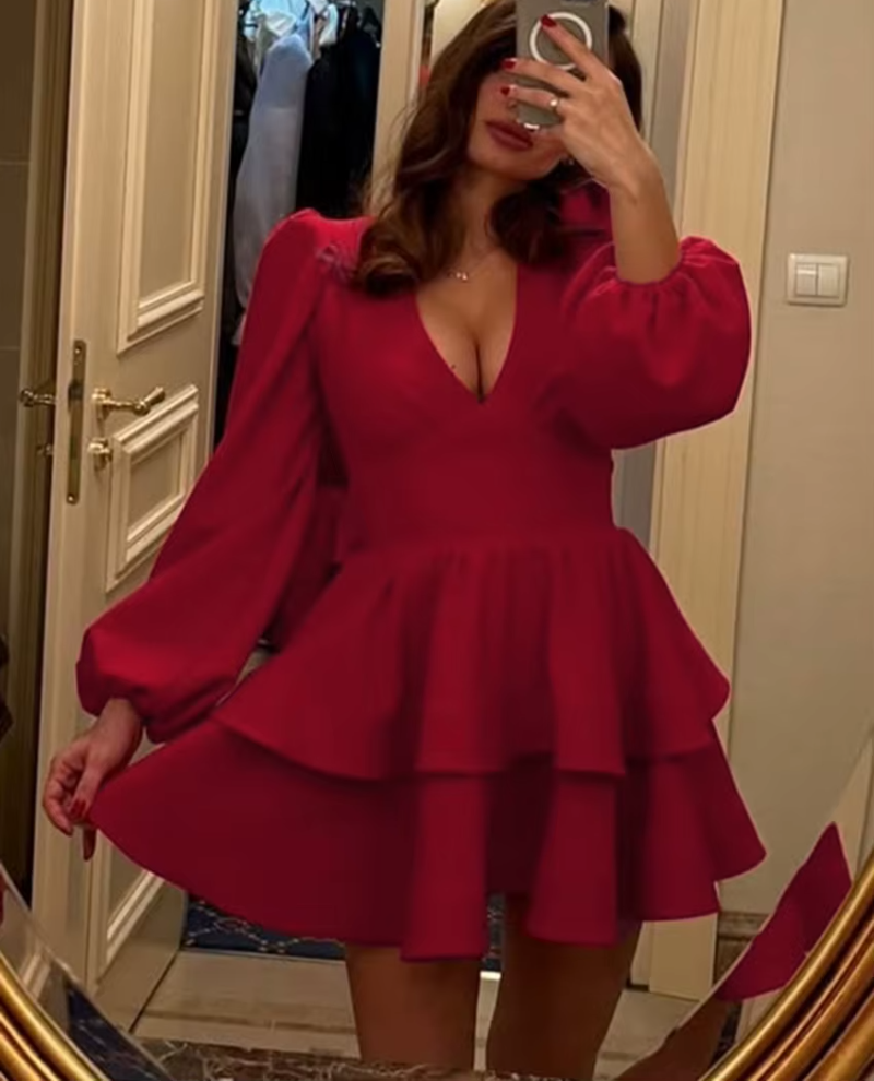 Elegant Classic High Waist V-Neck Long Sleeve Slim Mini Dress