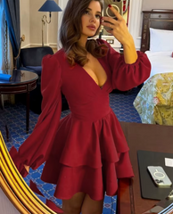 Elegant Classic High Waist V-Neck Long Sleeve Slim Mini Dress