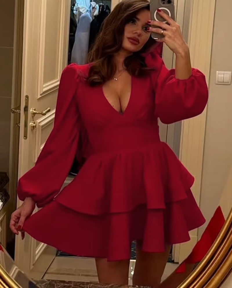 Elegant Classic High Waist V-Neck Long Sleeve Slim Mini Dress