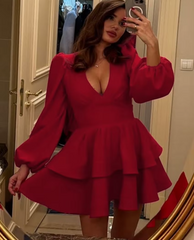 Elegant Classic High Waist V-Neck Long Sleeve Slim Mini Dress