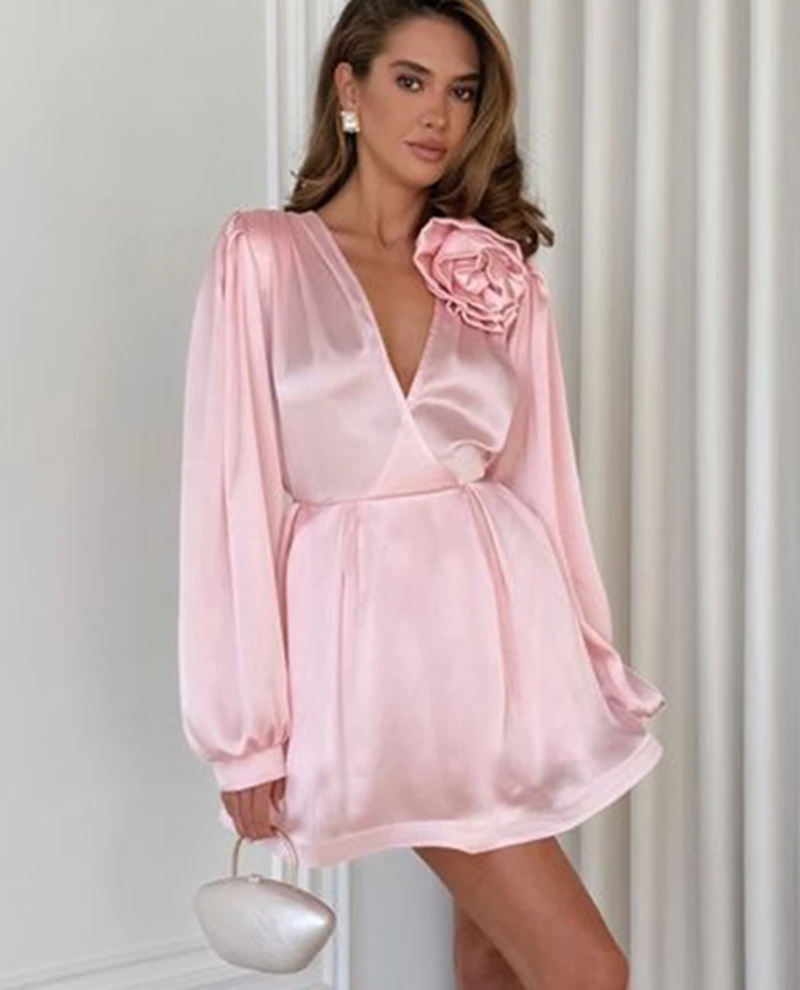 Elegant Classic High Waist Loose V-Neck Long Sleeve Mini Dresses