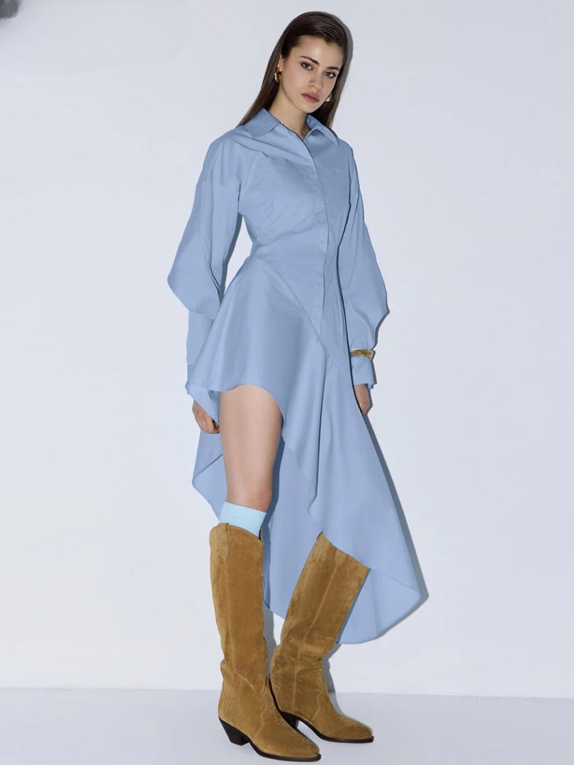 Elegant Classic Irregular Casual Lapel Long Sleeve Midi Dresses